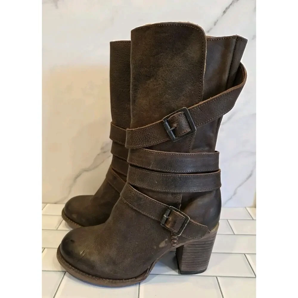 Freebird BARKER Mid-calf Brown Leather Boots, Buckle Details Side Zip, Boho | 9 - Picture 13 of 16